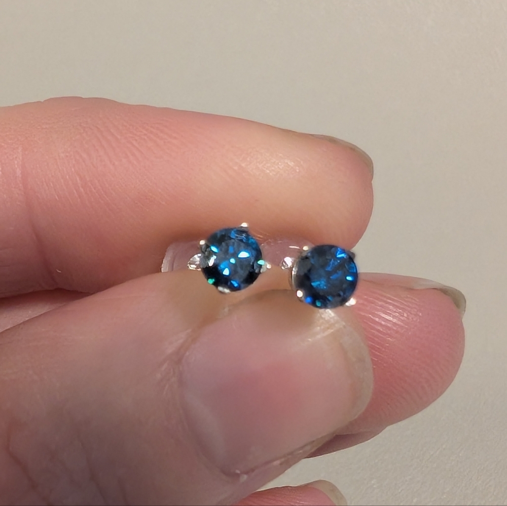 Blue Lab Diamond Gold Earrings - Picture 2 of 5